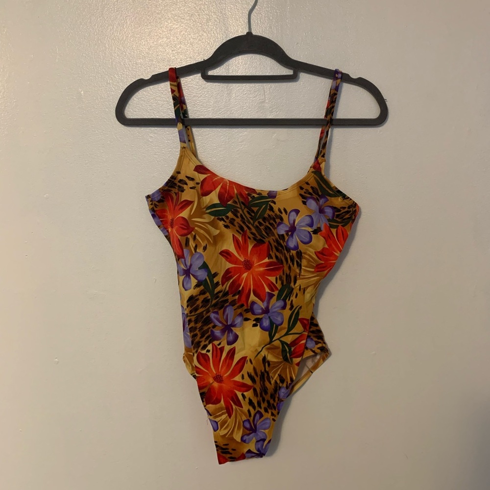 90s High Hip w/ Low Back One Piece Bathing Suit Leopard and Floral Print